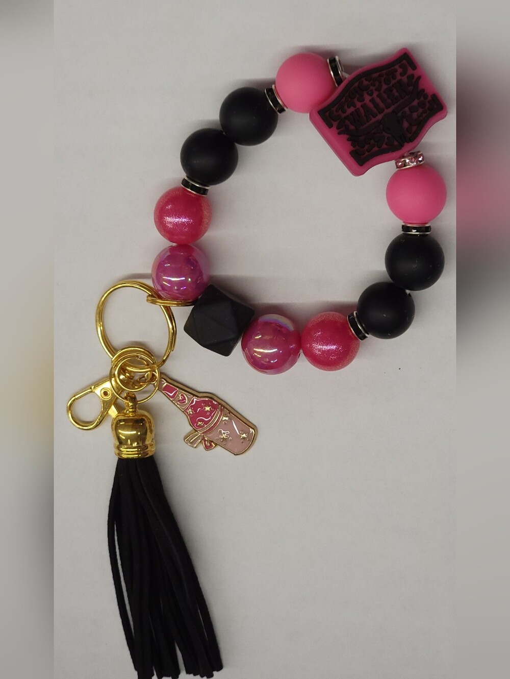 "Wallen" Pink and Black Beaded Keychain Tassel Charm